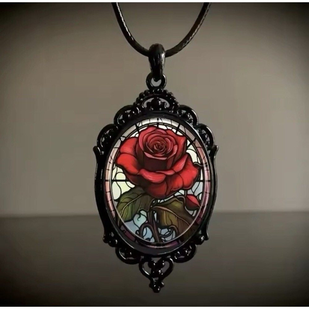 Rose Stained Glass Necklace Women's Black Red Gothic Victorian‎ Belle Valentine